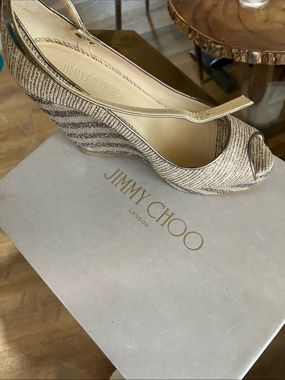 Jimmy Choo Metallic Gold Wedge Peep-Toe Slingback